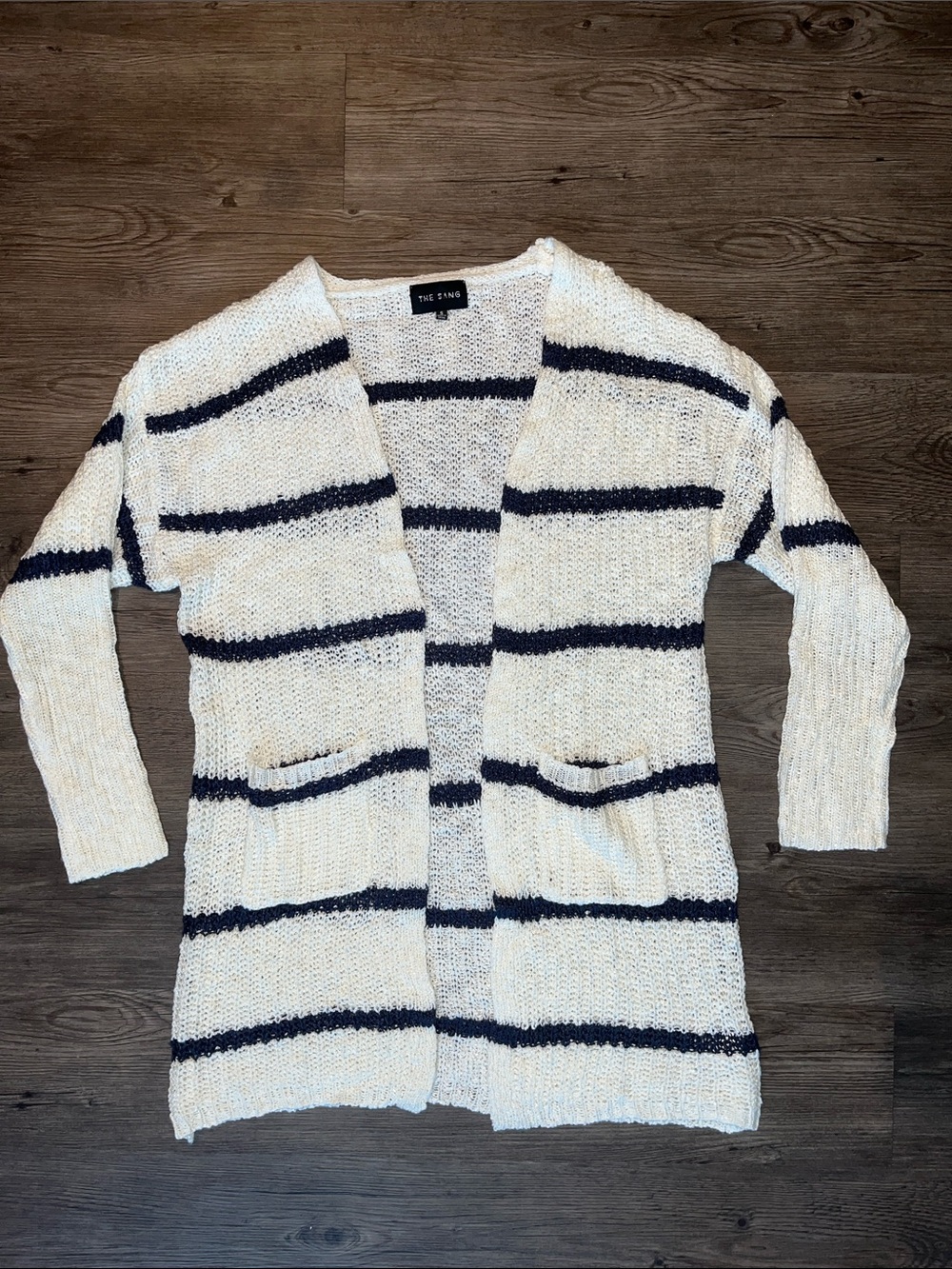 THE SANG Cream and Navy Striped Open Cardigan Sweater